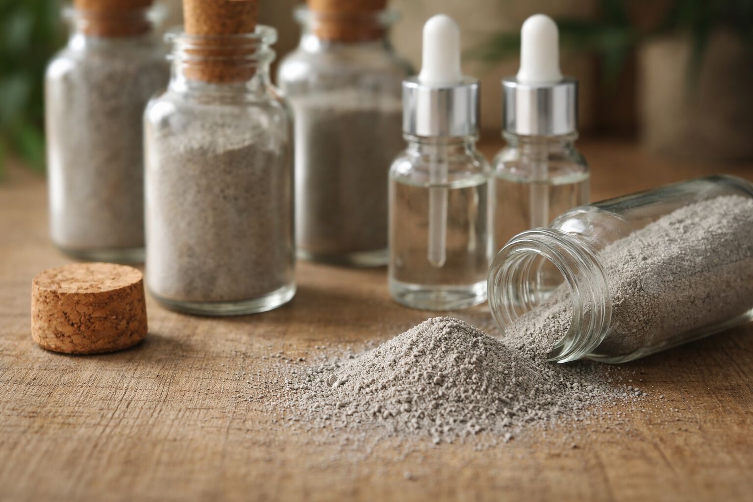 Frascos de pó e líquido sobre superfície de madeira.