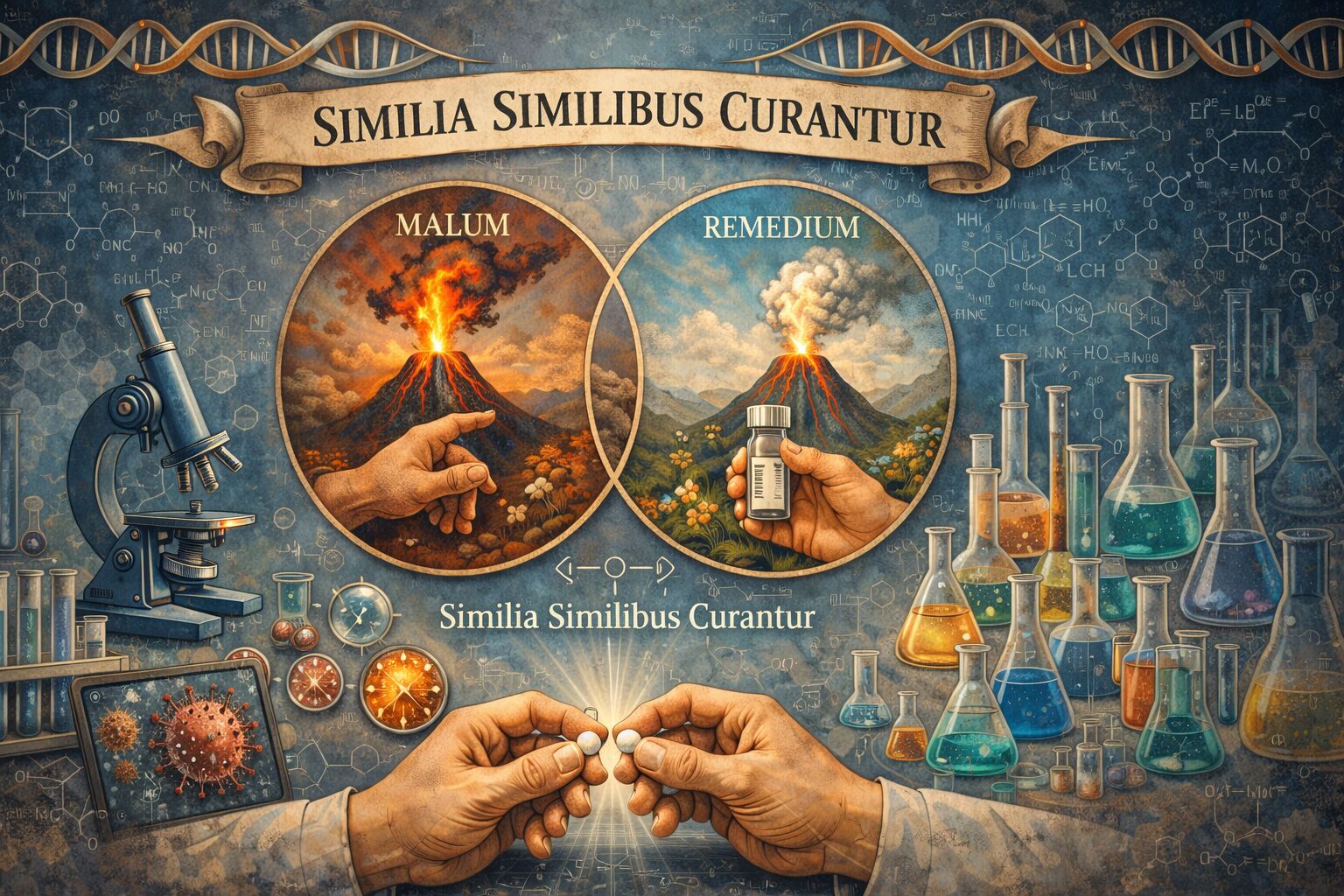 Ilustração sobre homeopatia e cura semelhante.