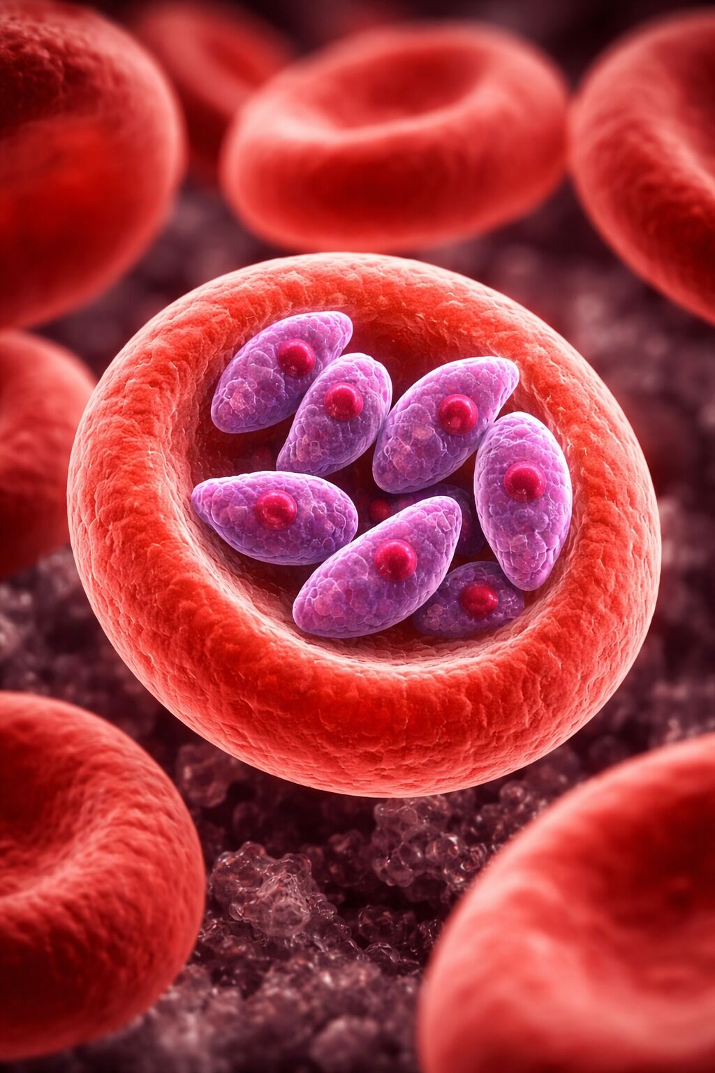 Células sanguíneas com parasitas visíveis