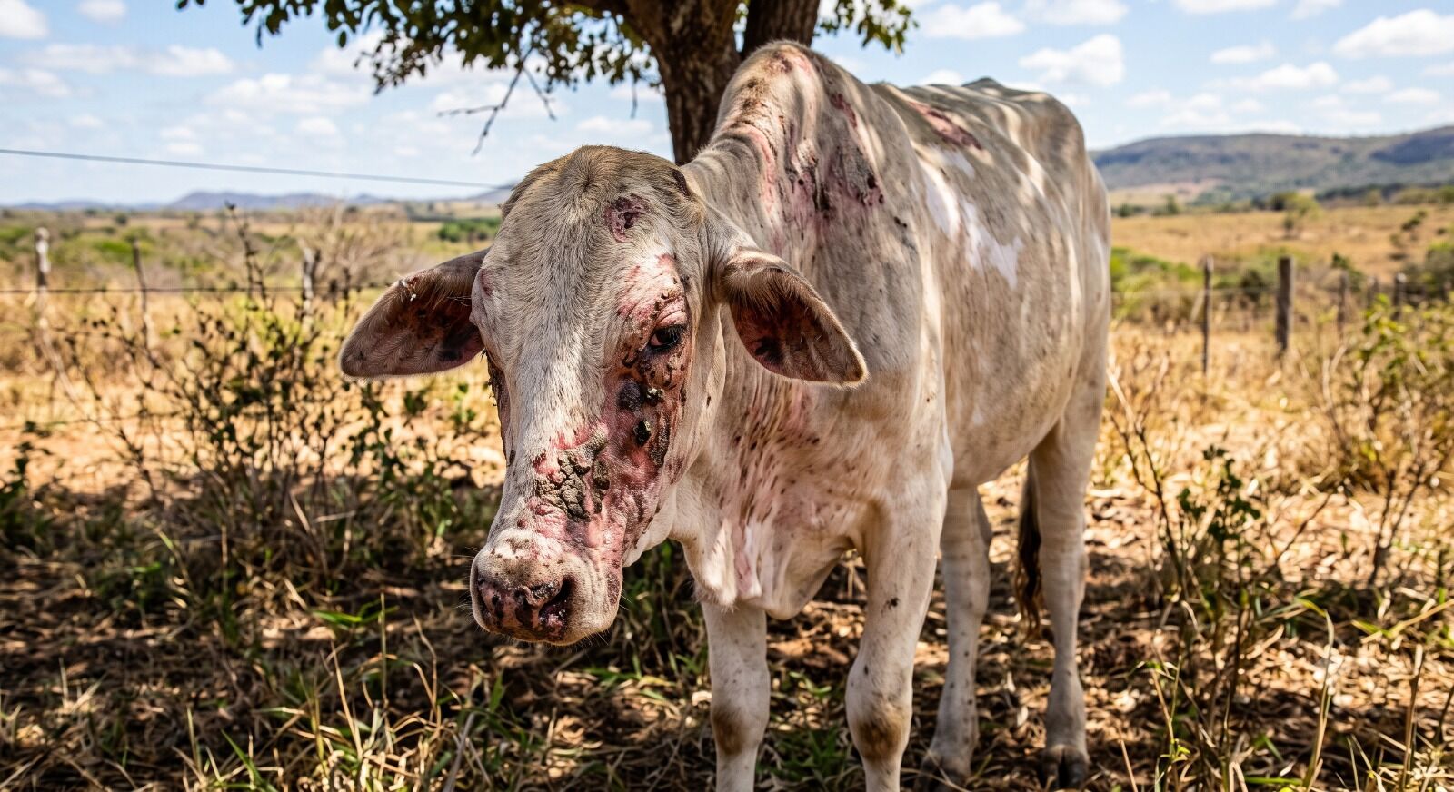 Vaca com feridas em pastagem no interior do Brasil
