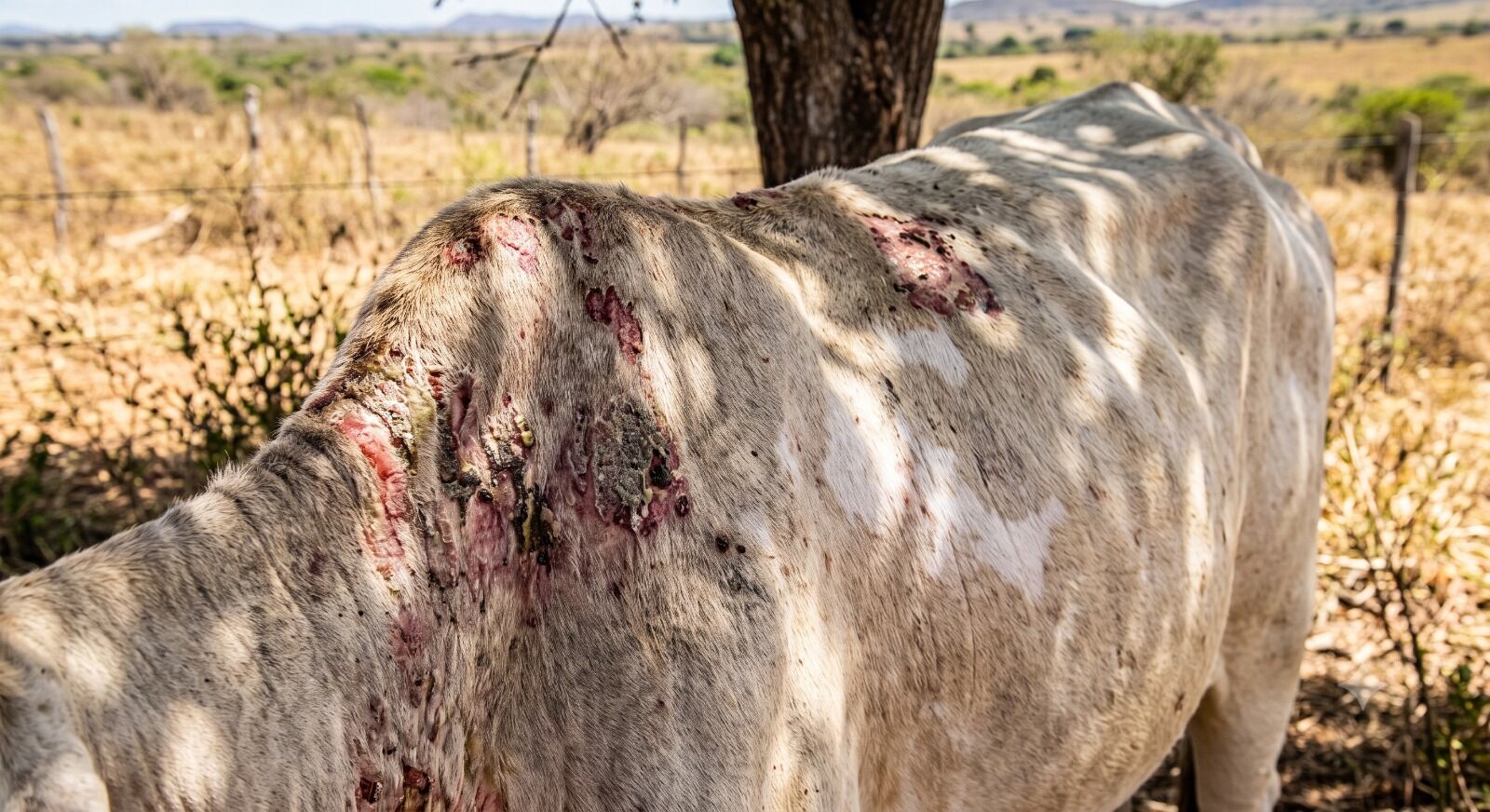 Vaca com lesões na pele em campo árido