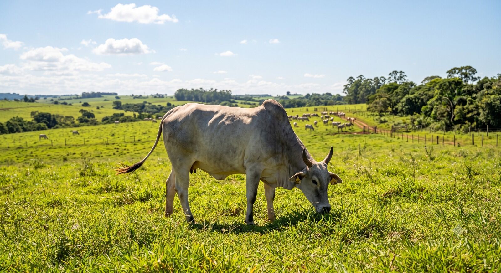 Vaca pastando em campo verde na fazenda.