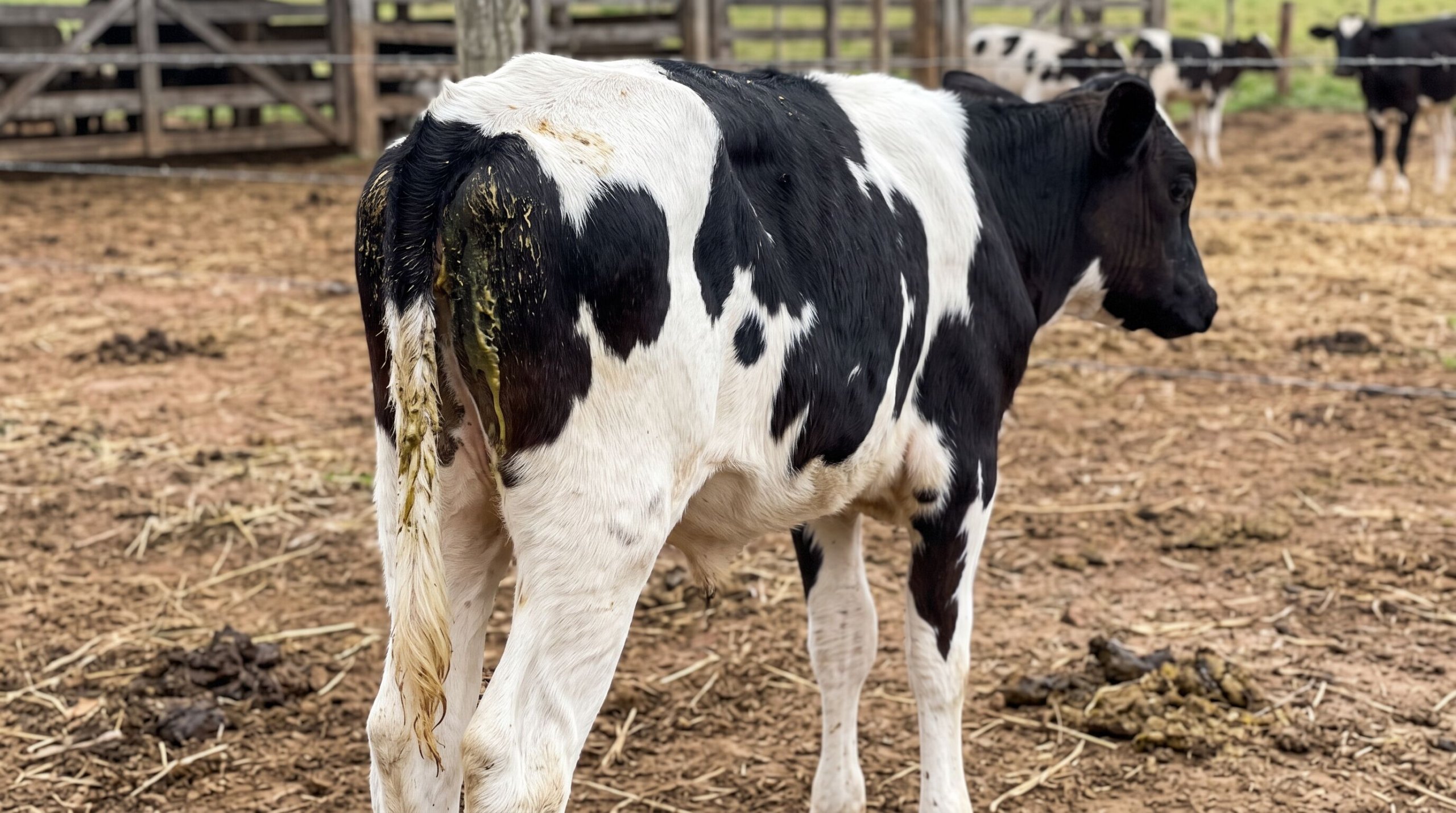 Bezerro preto e branco em um curral de fazenda