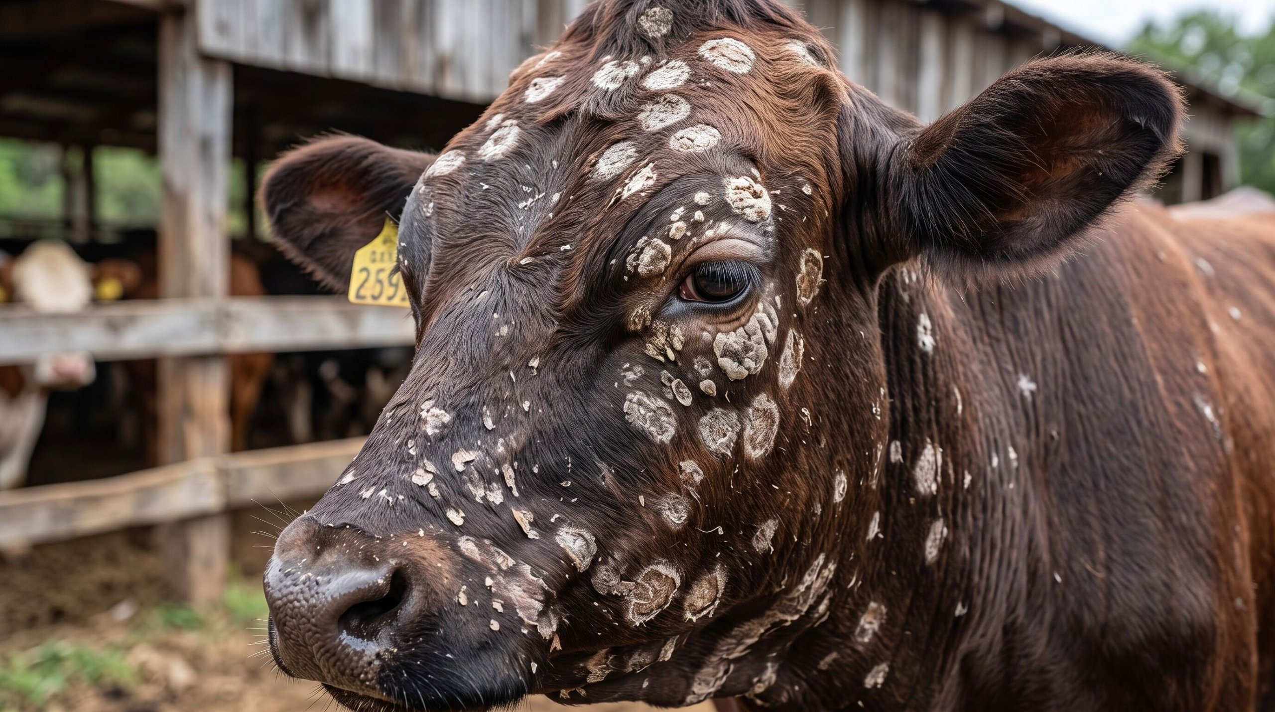Vaca marrom com manchas em um pasto